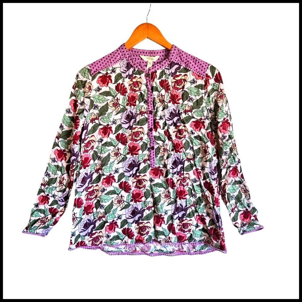 Matilda Jane Floral Blouse Long Sleeve Button Up Top Purple Trim Size M